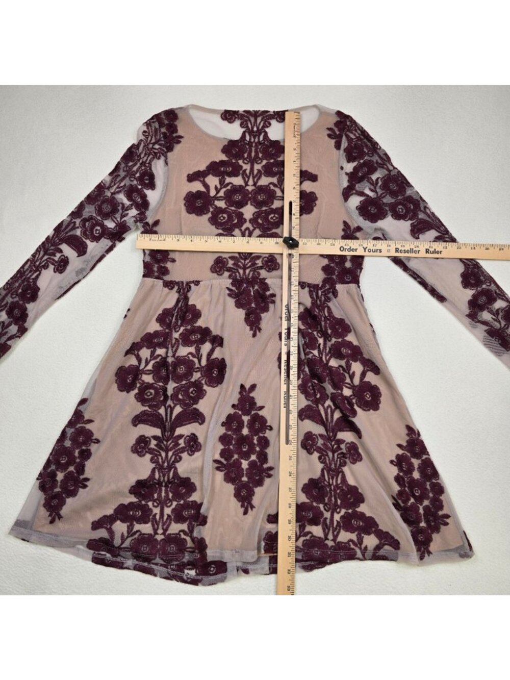 For Love & Lemons Large Mini Dress Long Sleeve Sheer Floral Embroidered Burgundy - Picture 4 of 4